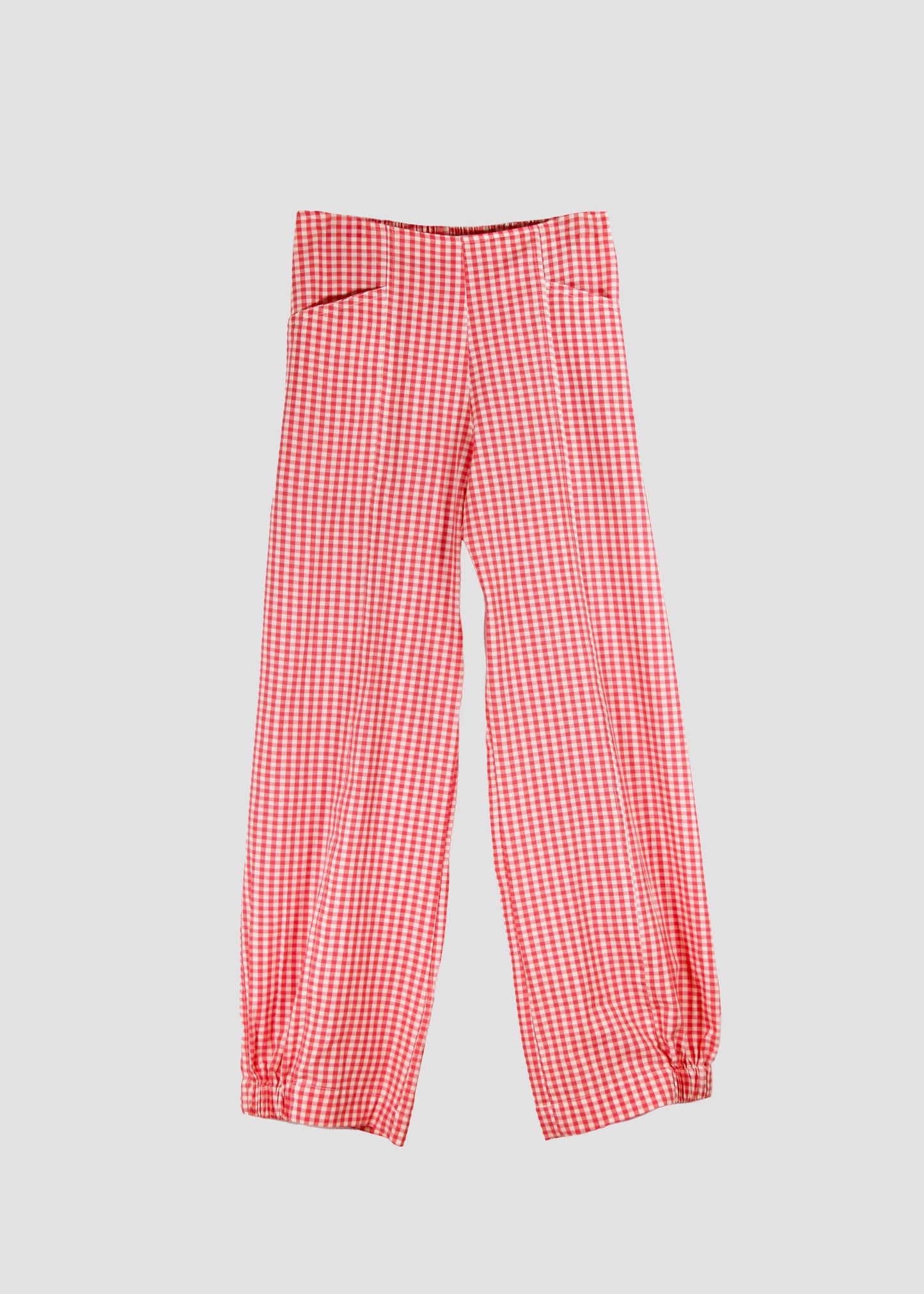 Pantaloni donna Balloon Pants peach in 100% cotone con fantasia a quadretti color pesca, vestibilità regolare con elastico sul retro e stile boho chic casual, taglia unica S/M.