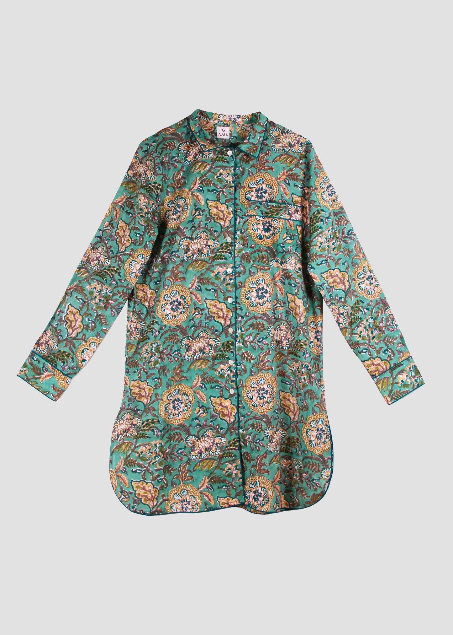 Camicia da notte donna Nightdress P-IGIama Flower Green in 100% cotone con fantasia floreale verde e maniche lunghe, stile boho chic confortevole, taglia unica.