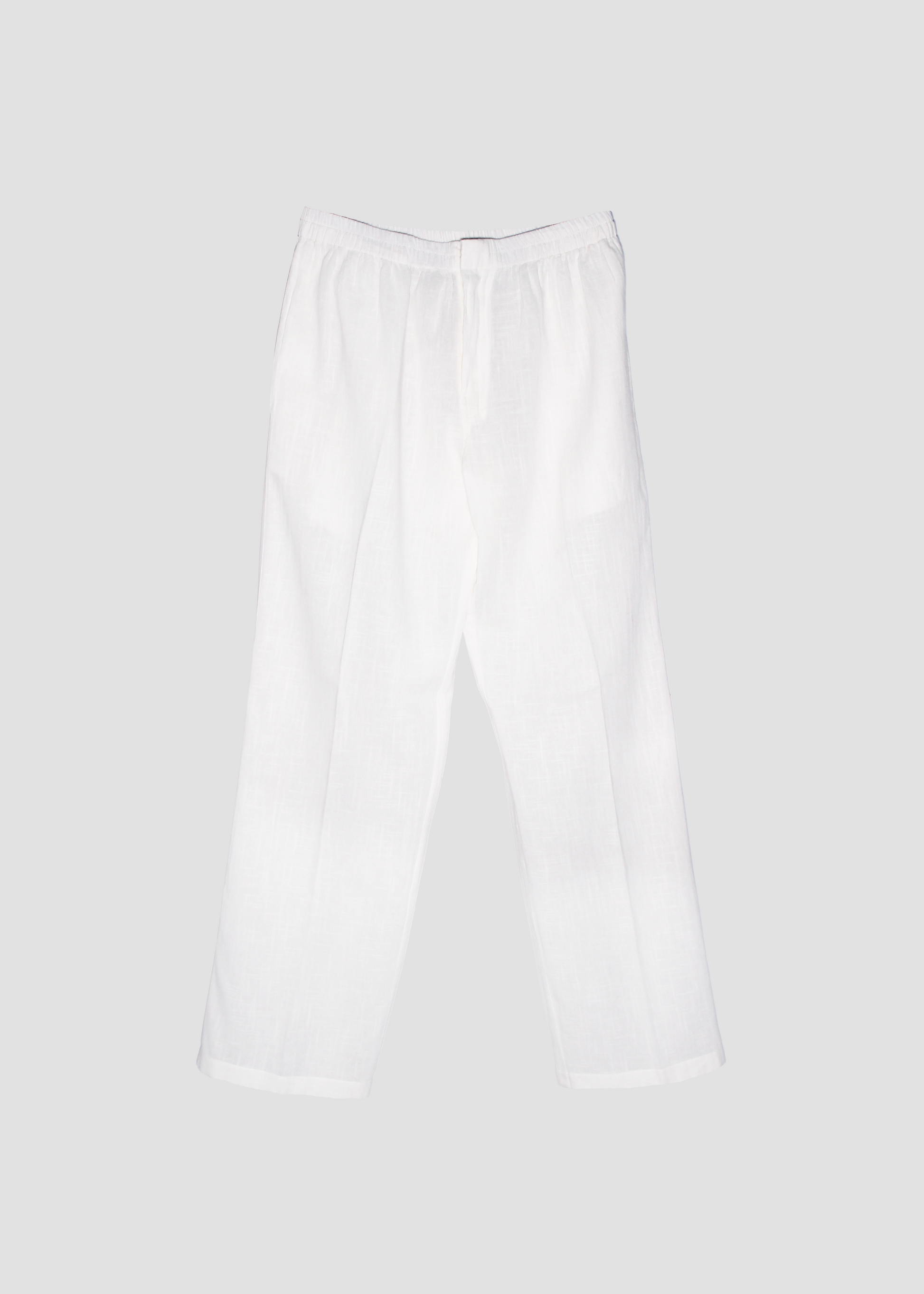 Pantaloni da uomo in lino 100%, colore off-white, elasticizzati per adattarsi a tutte le corporature, prodotti in India, ideali per un look leggero e raffinato.