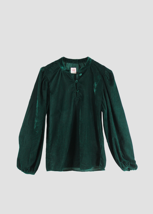 IGI AMA Bohémien Shirt – Blusa verde in 100% velluto con scollo a bottoni in tessuto e maniche lunghe con elastico al polso. Vestibilità comoda, taglia unica adatta a una M. Prodotta in India, lavabile in lavatrice a 30°C e stirabile al rovescio a bassa temperatura.