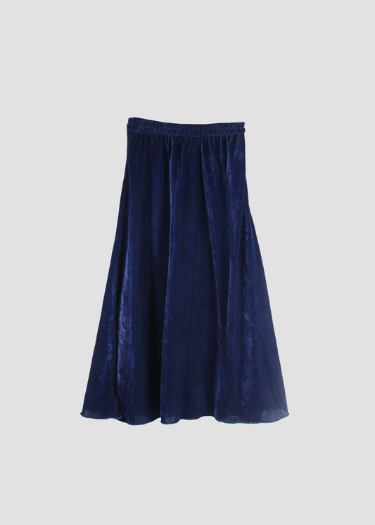 IGI AMA Bohémien Skirt – Gonna blu in 100% velluto, lunga fino alla caviglia con elastico in vita per una vestibilità comoda. Taglia unica, prodotta in India. Lavabile in lavatrice a 30°C e stirabile al rovescio a bassa temperatura.