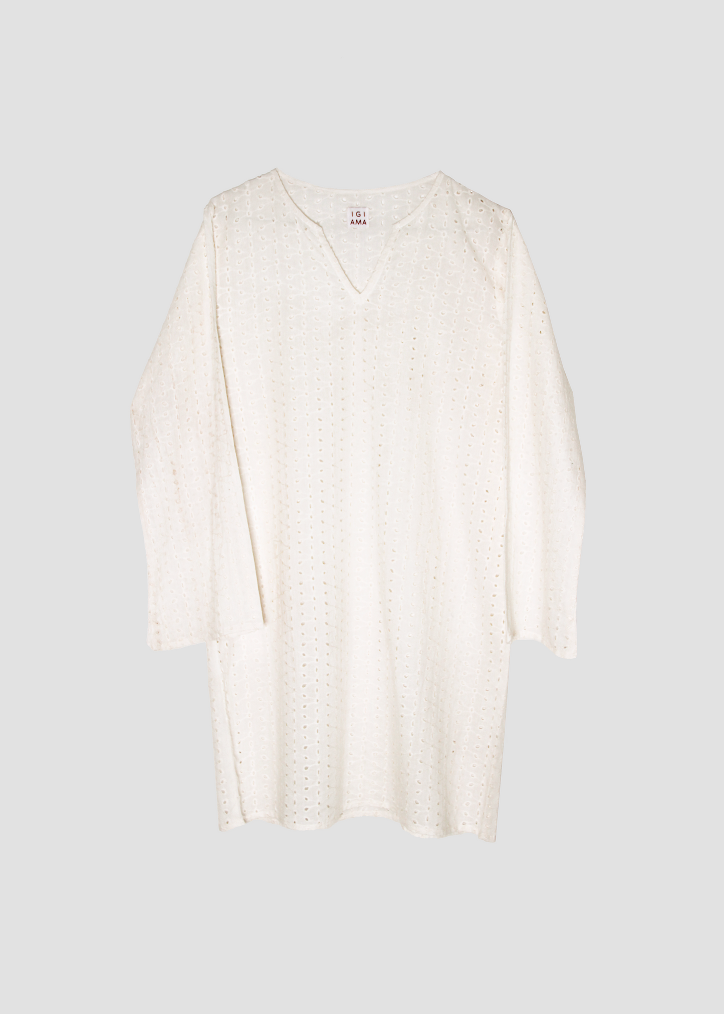 Copricostume estivo da donna in sangallo bianco sporco, IGI AMA, tessuto leggero e traforato, taglia unica, made in India, ideale per il mare, la spiaggia e look vacanza.