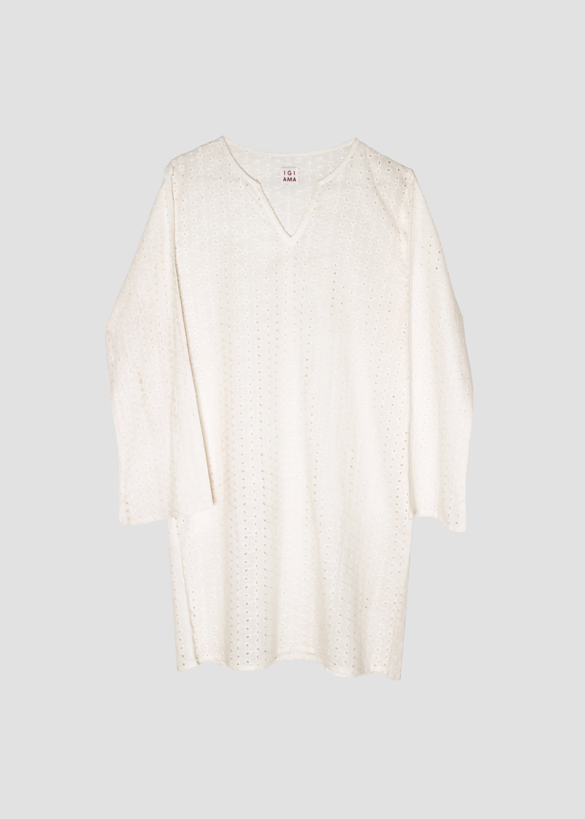 Copricostume estivo da donna in sangallo bianco sporco, IGI AMA, tessuto leggero e traforato, taglia unica, made in India, ideale per il mare, la spiaggia e look vacanza.