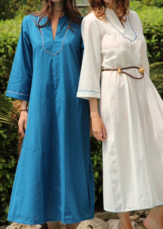 Copricostume donna Argentario Beach Dress blue in 100% cotone con design lungo blu e ricami sui bordi, stile boho chic elegante da mare, taglia unica vestibilità M.