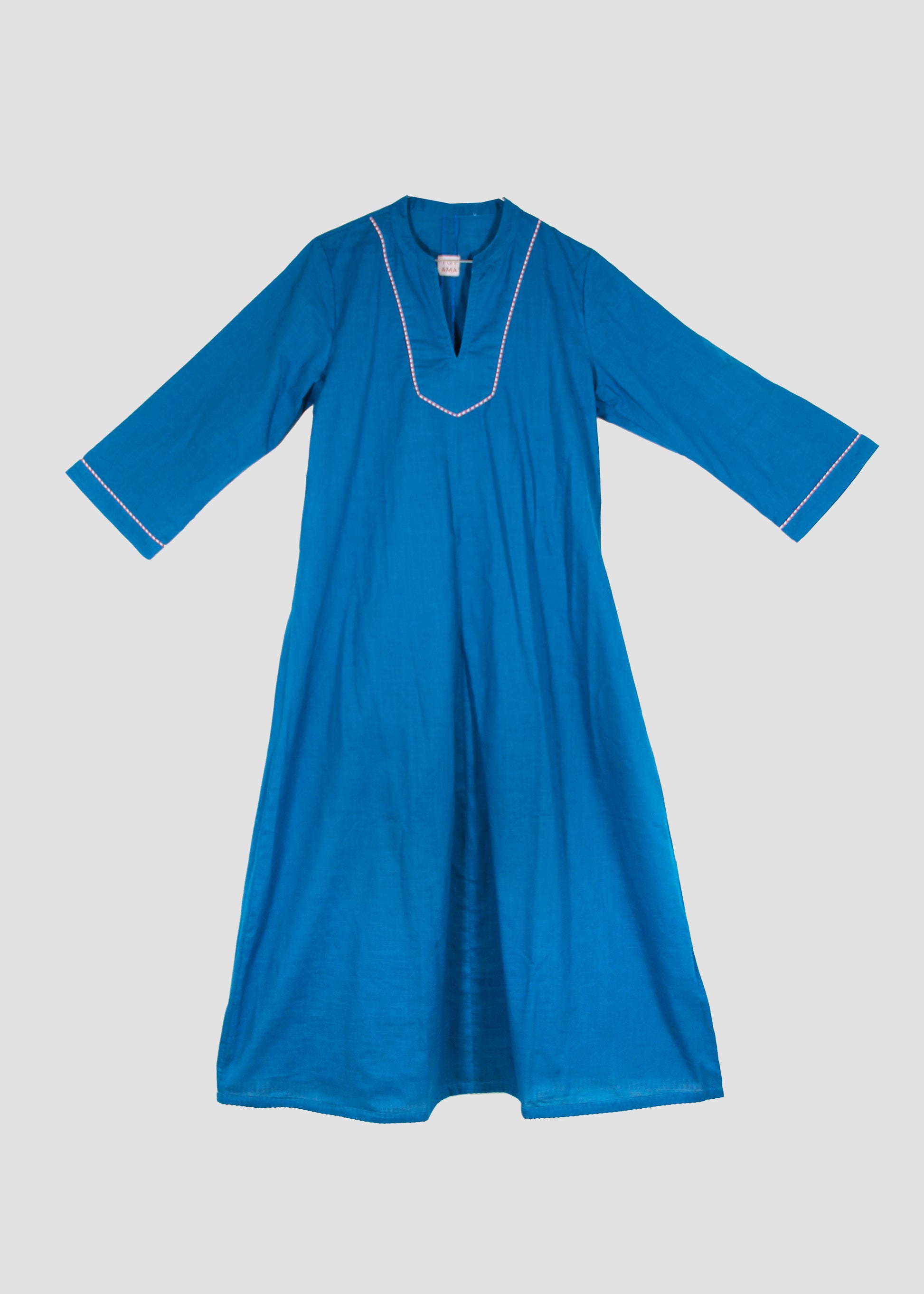 Copricostume donna Argentario Beach Dress blue in 100% cotone con design lungo blu e ricami sui bordi, stile boho chic elegante da mare, taglia unica vestibilità M.