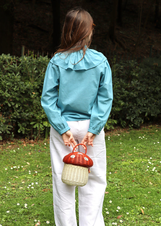 Camicia Ariel blouse Igiama azzurra in 100% cotone, con colletto con fiocco e maniche lunghe, taglia unica S-L, prodotta in India.