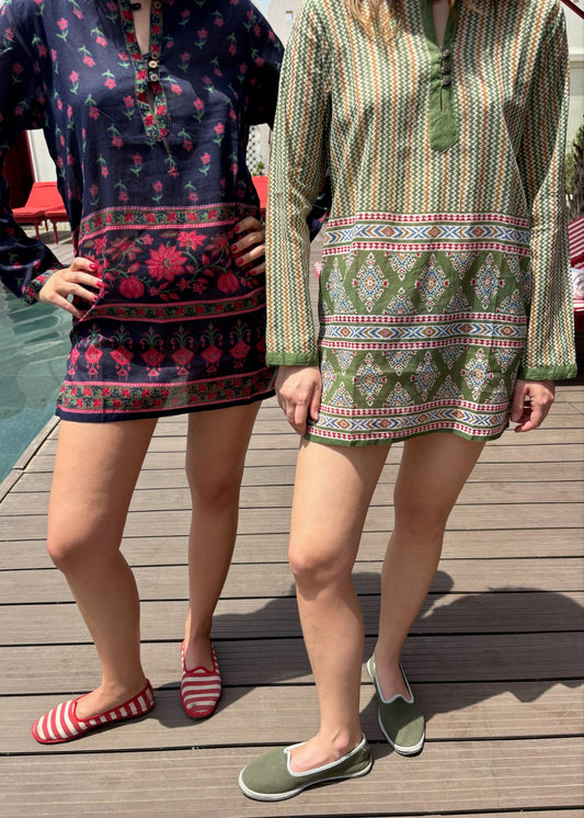 Copricostume leggero da donna in voile verde e blu, modello Margherita e Matilda di IGI AMA, realizzato in 100% voile, taglia unica, prodotto in India, perfetto come copricostume da mare per l’estate e le vacanze.