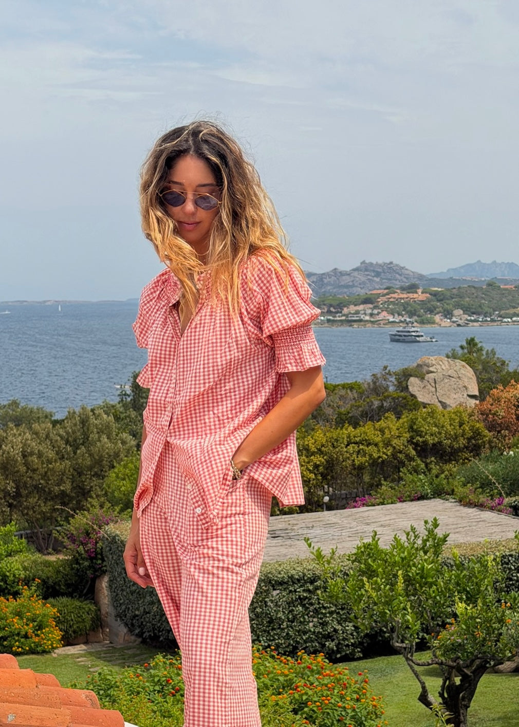 Bougainville peach shirt worn by model