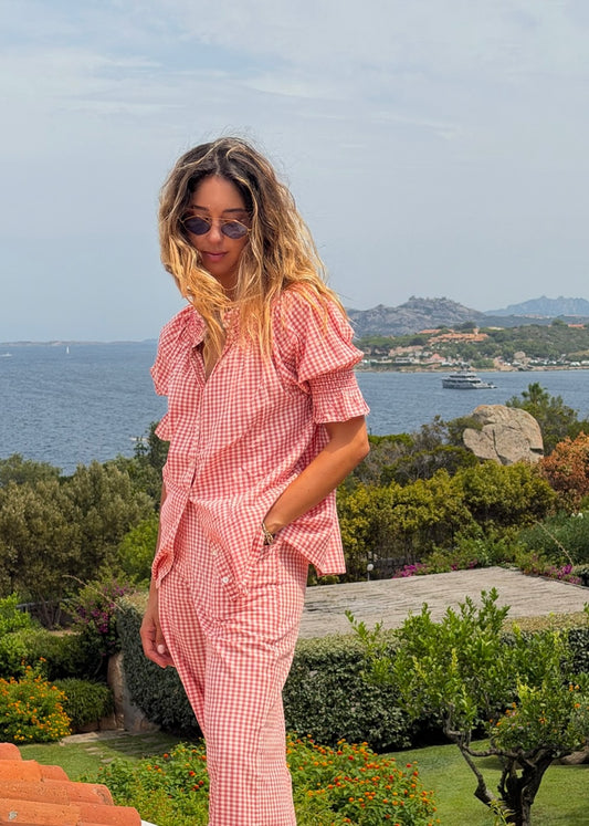 Bougainville peach shirt worn by model