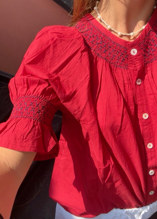 Bougainville red shirt worn by model IGI AMA