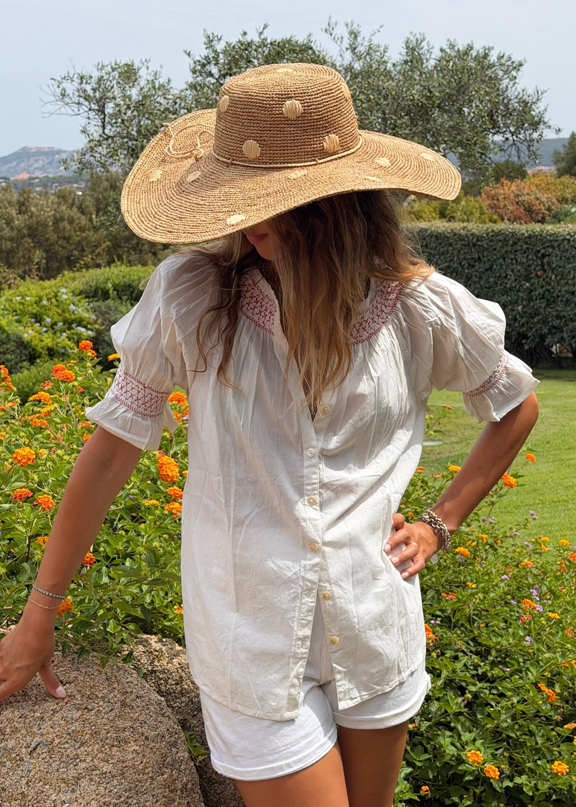 Bougainville white shirt worn by model
