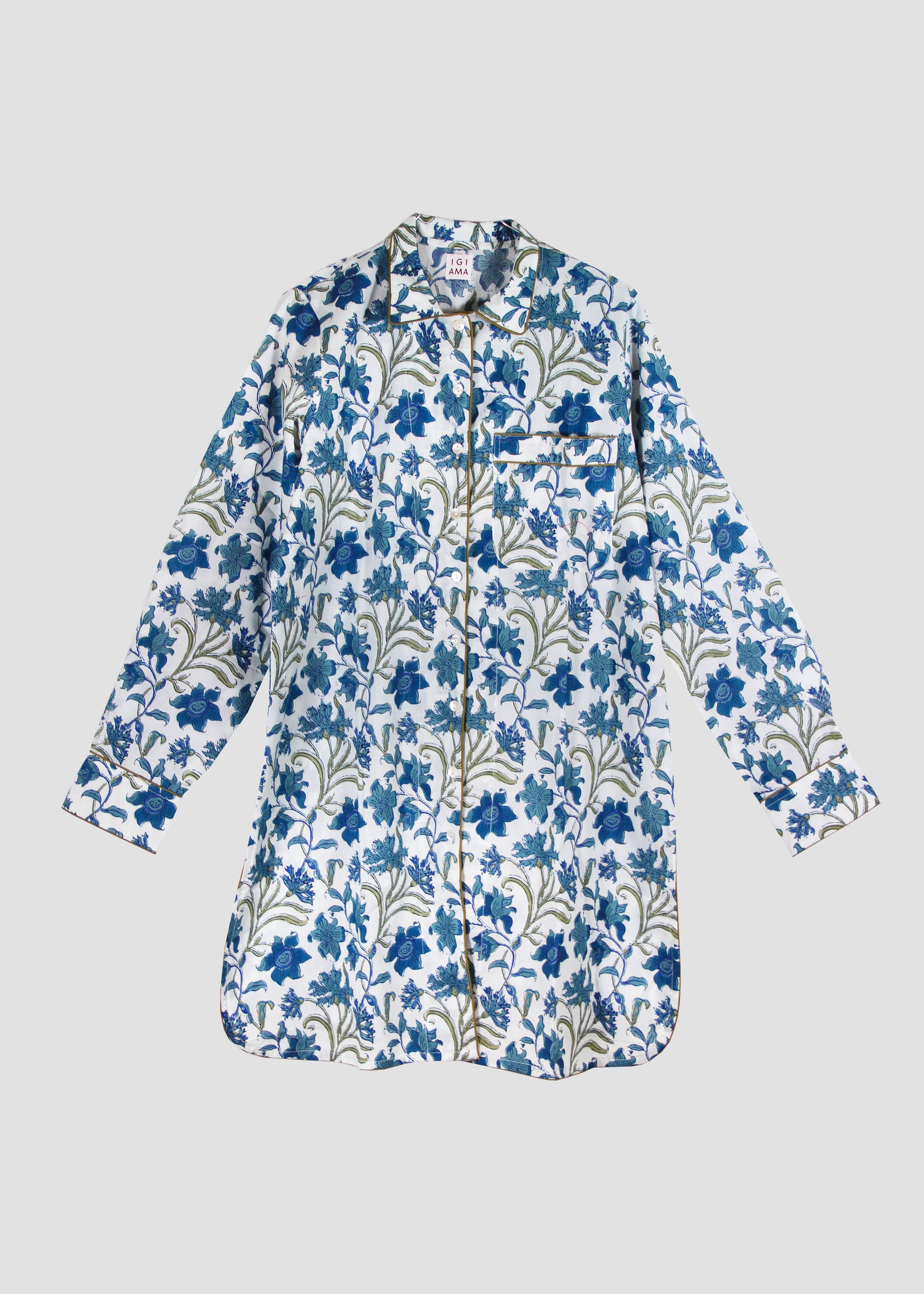 Camicia da notte donna Nightdress P-IGIama Flower Blue in 100% cotone con fantasia floreale blu e maniche lunghe, stile boho chic confortevole, taglia unica.