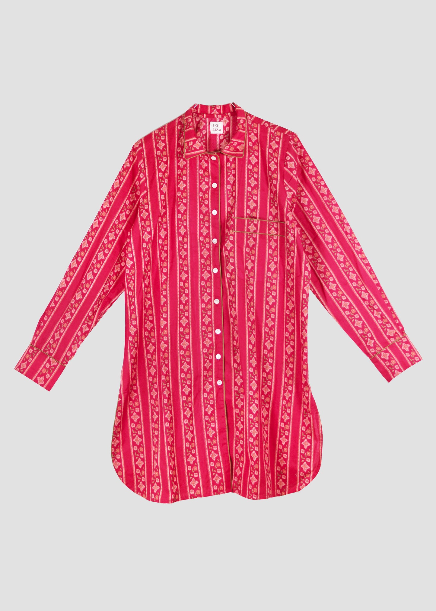 Camicia da notte donna Nightdress P-IGIama Flower Pink in 100% cotone con fantasia rosa e maniche lunghe, stile boho chic confortevole, taglia unica.