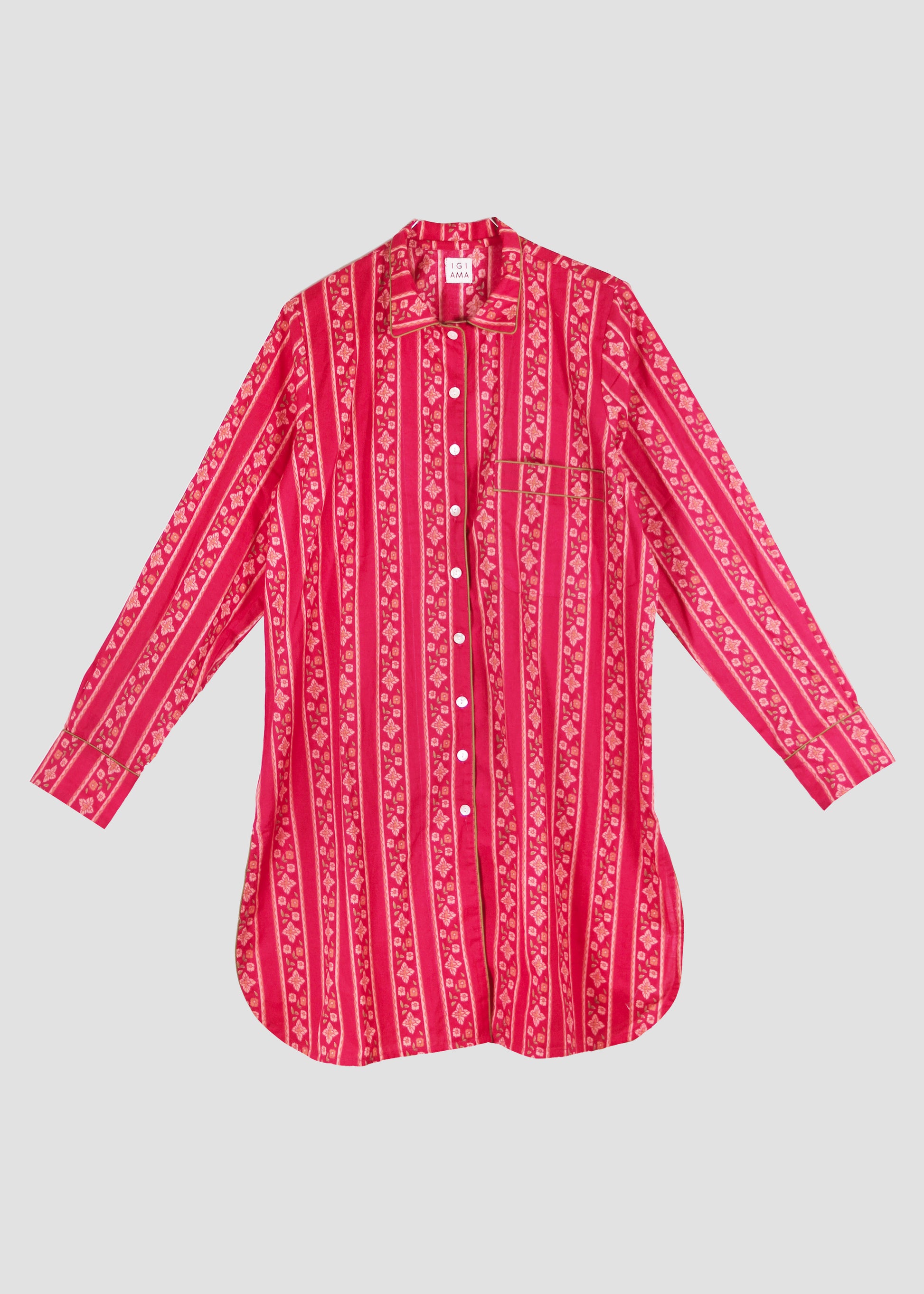 Camicia da notte donna Nightdress P-IGIama Flower Pink in 100% cotone con fantasia rosa e maniche lunghe, stile boho chic confortevole, taglia unica.