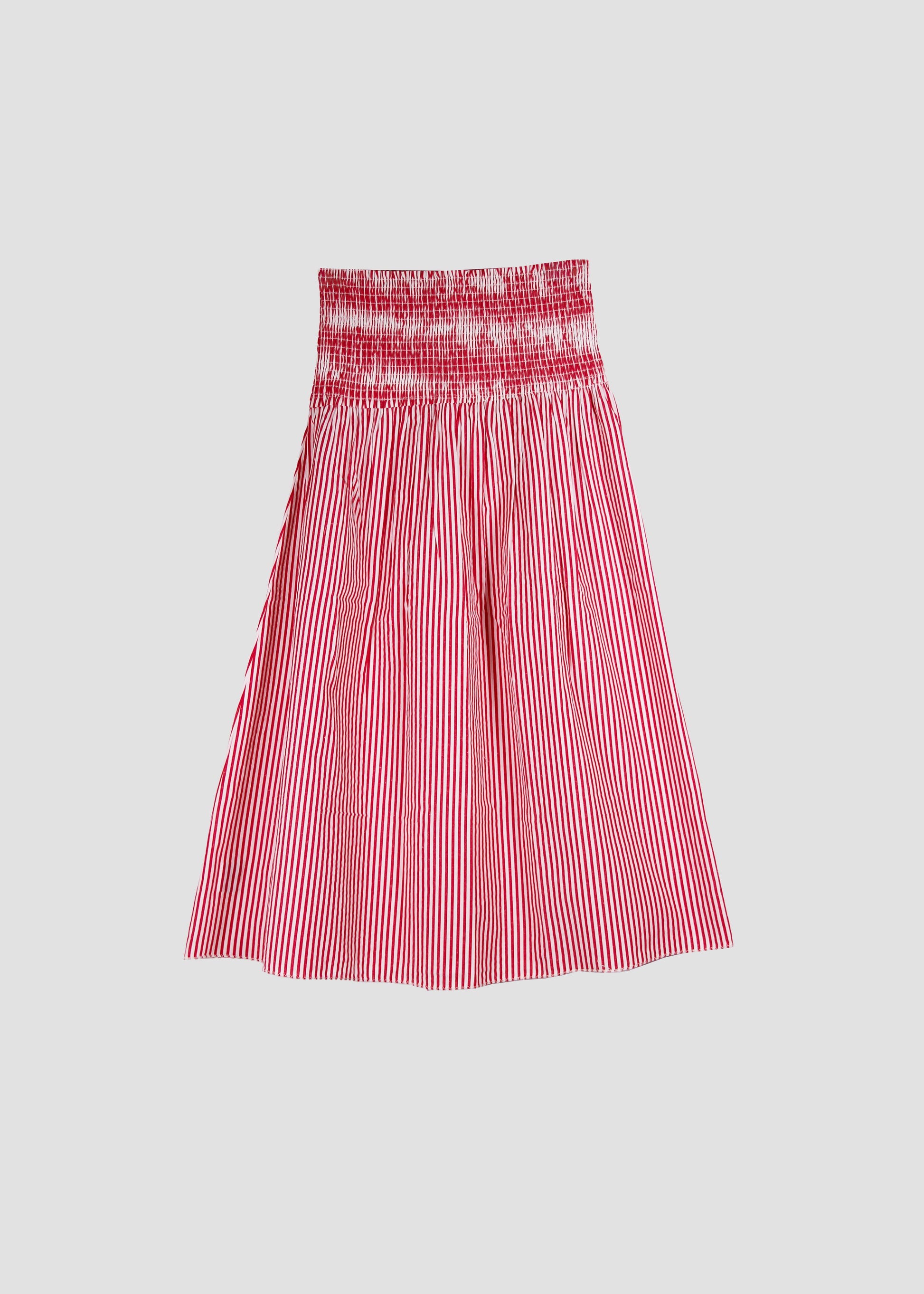 Gonna donna Diana Stretch Midi Skirt red stripes in 100% cotone con righe rosse e fascia elastica in vita, modello midi stile boho chic estivo, taglia unica.