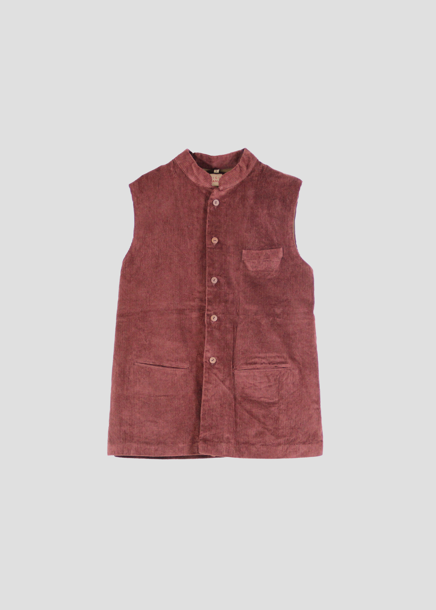 Gilet Hunting in Burnt Brown Corduroy, men's vest in burnt brown corduroy with green lining. Made in corduroy with cotton lining. Mandarin collar. Made in India. Dry clean only, iron at low heat, do not bleach.