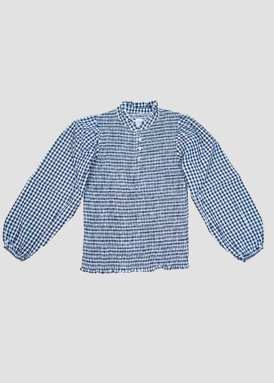 IGI AMA Kerala Shirt – Camicetta in 100% cotone disponibile a quadretti blu o a righe azzurro e rosso, con maniche lunghe leggermente a sbuffo, busto abbottonato e dettaglio elasticizzato. Parte della nuova collezione autunno/inverno, taglia unica. Prodotta in India, lavabile a 30°C e stirabile a bassa temperatura.