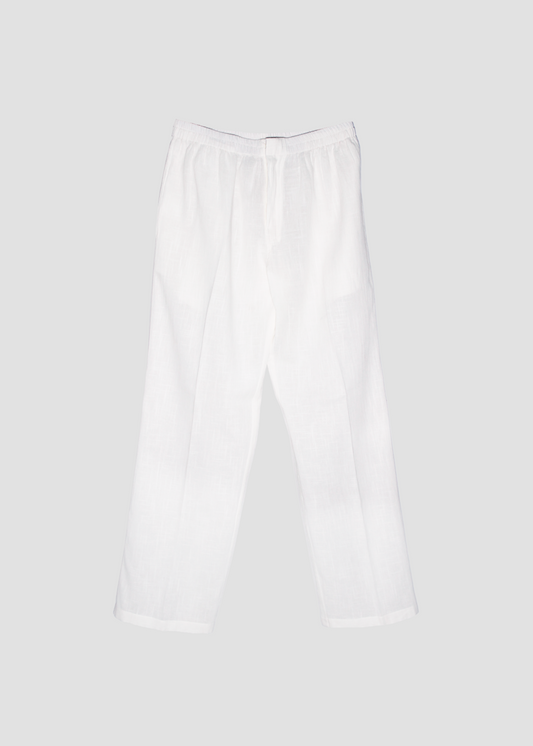 Pantaloni da uomo in lino 100%, colore off-white, elasticizzati per adattarsi a tutte le corporature, prodotti in India, ideali per un look leggero e raffinato.