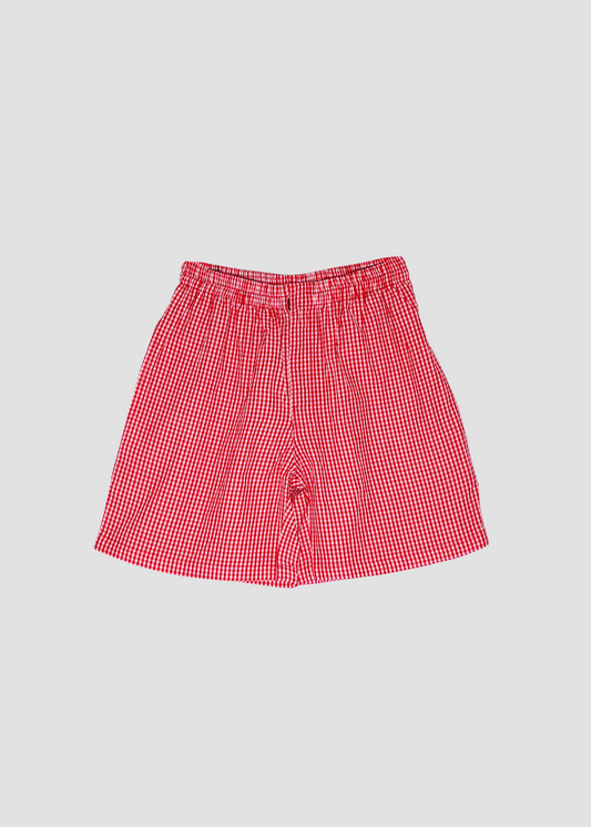 Pantaloncini estivi da donna in cotone a quadretti rosso, IGI AMA, 100% cotone leggero, chiusura con bottone e zip, vita elasticizzata, taglia unica, made in India, perfetti per outfit casual e look vacanza.