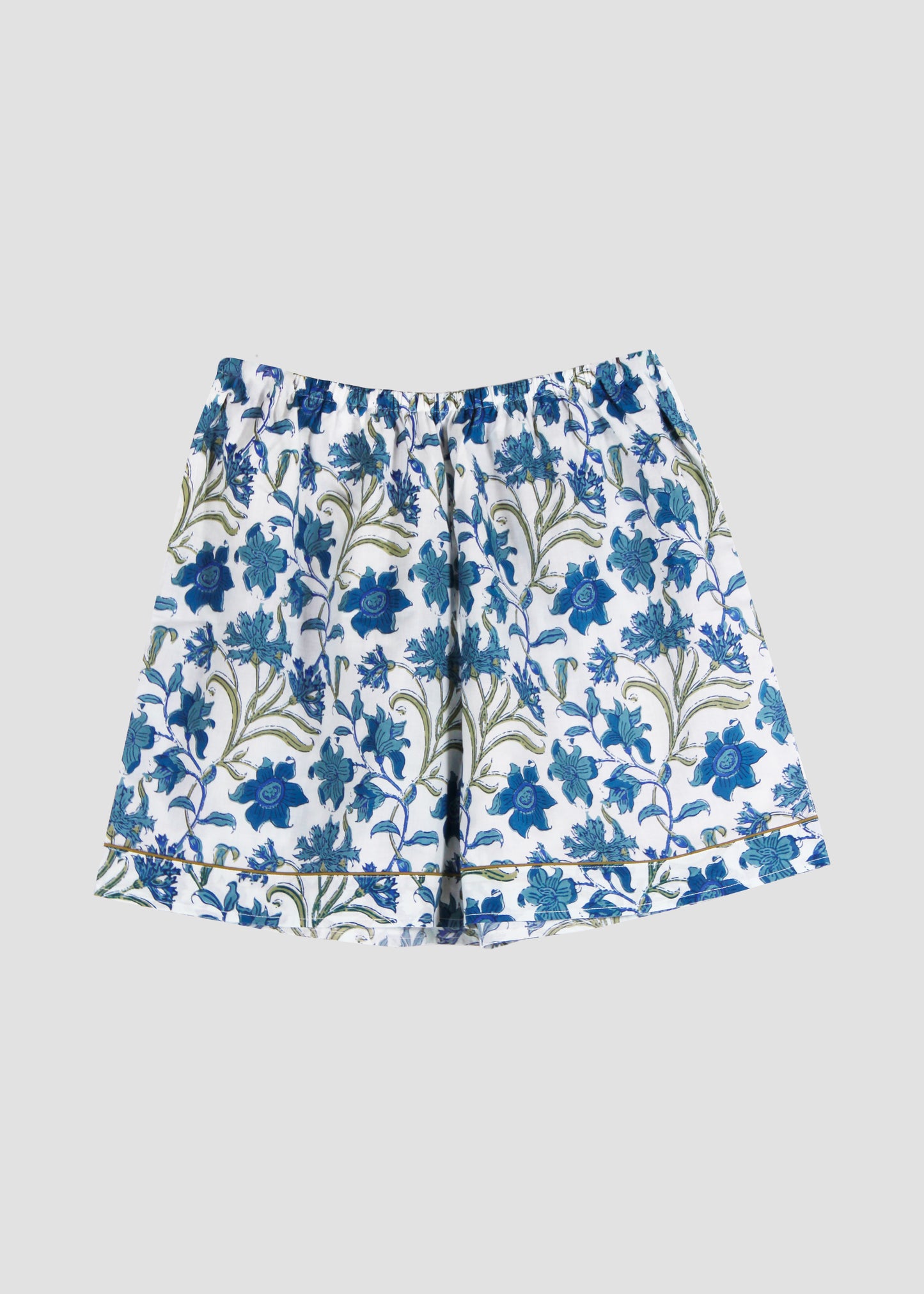 Pantaloncini donna P-IGIama Shorts in 100% cotone con fantasia floreale bianca e blu, modello elasticizzato comodo e leggero in stile boho chic, taglia unica.