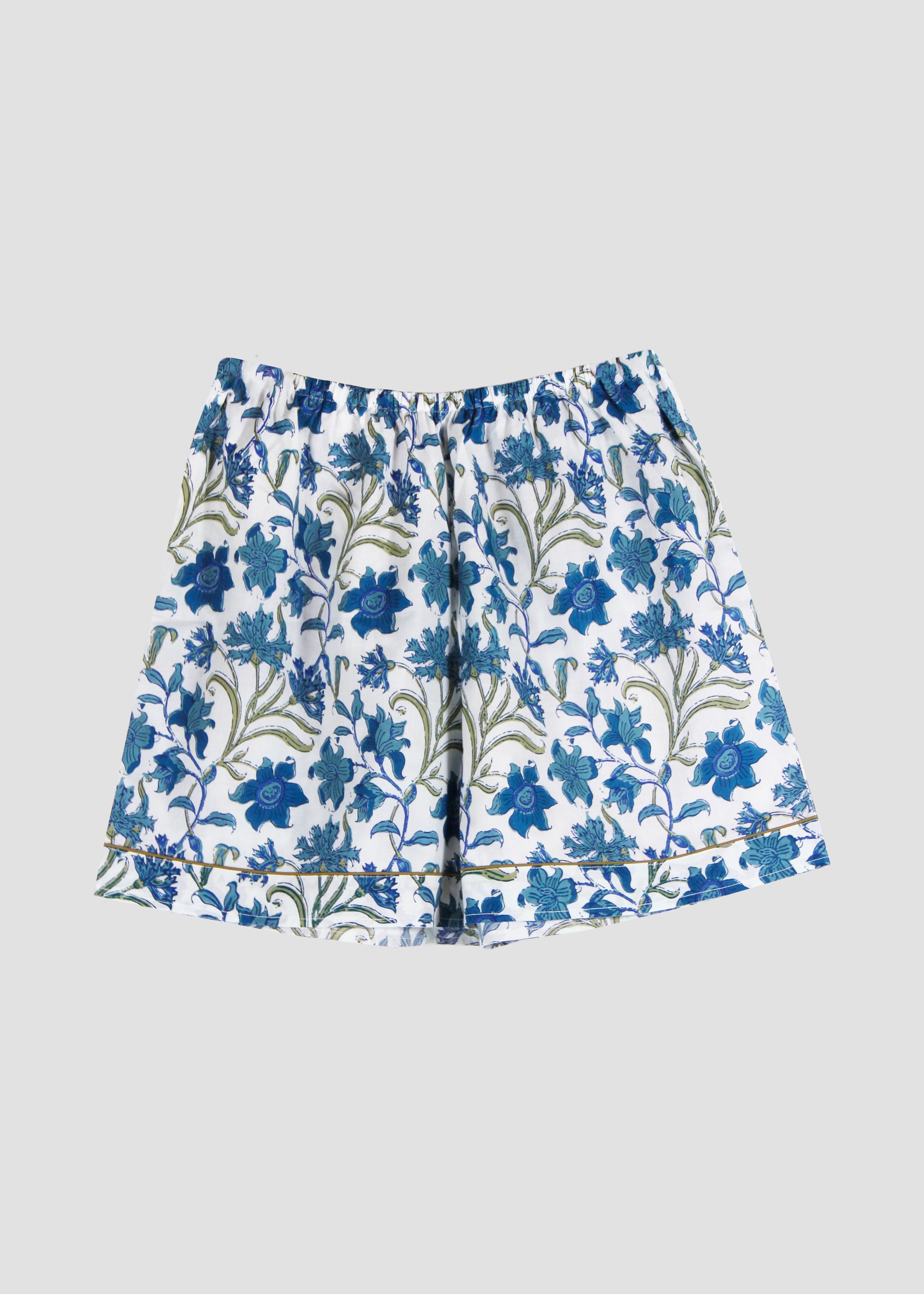 Pantaloncini donna P-IGIama Shorts in 100% cotone con fantasia floreale bianca e blu, modello elasticizzato comodo e leggero in stile boho chic, taglia unica.