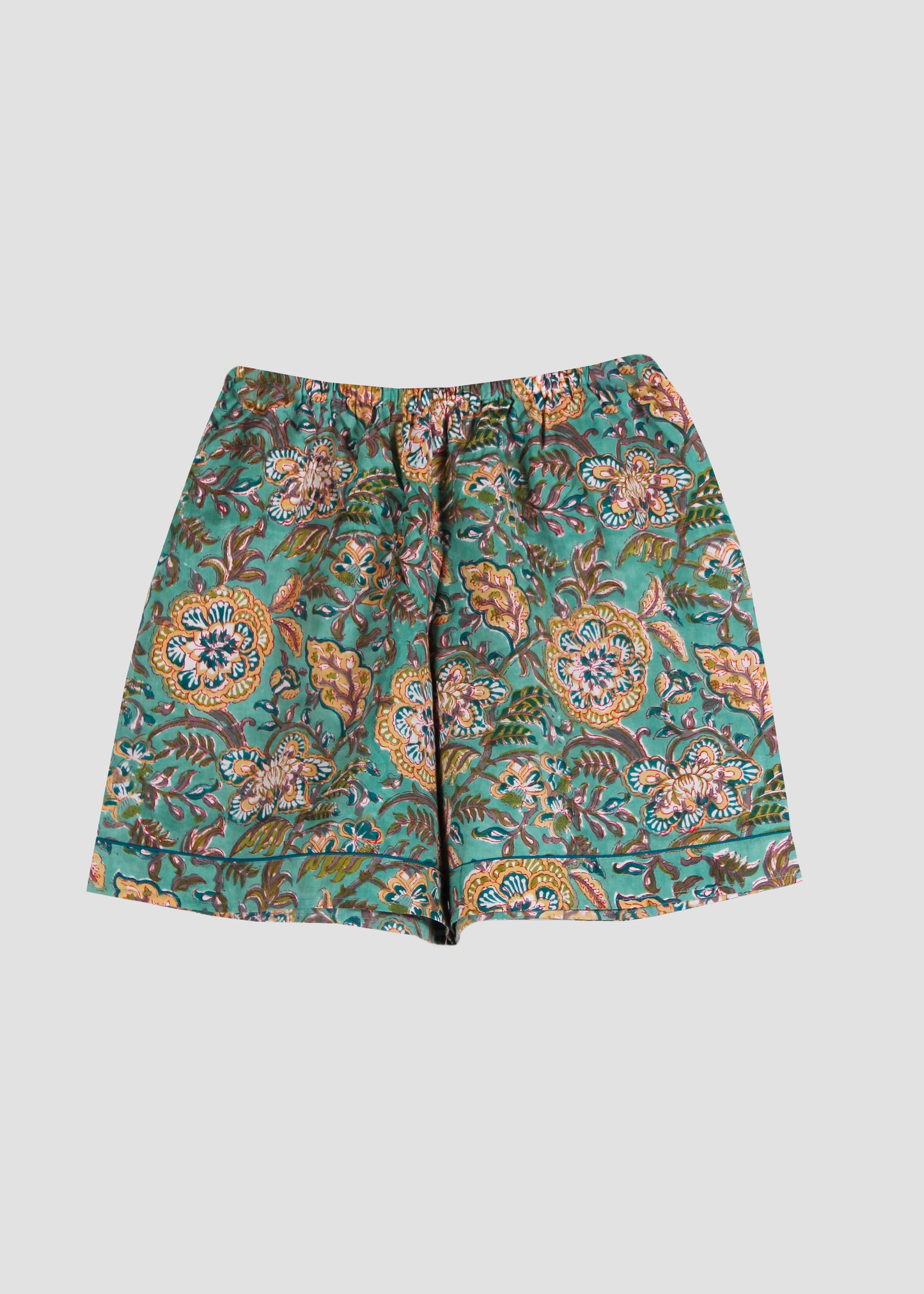 Pantaloncini donna P-IGIama Shorts in 100% cotone con fantasia floreale verde, modello elasticizzato comodo e leggero in stile boho chic, taglia unica.