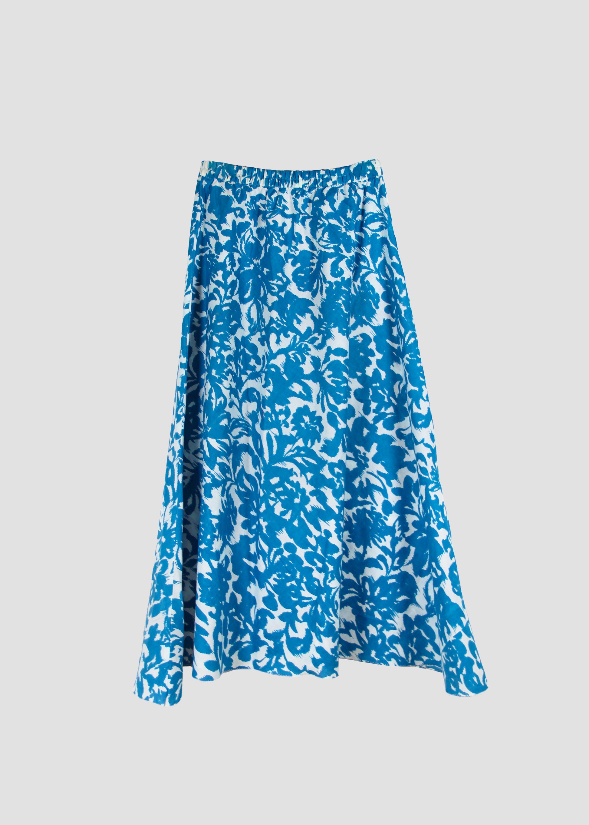 Gonna donna Vulcano Skirt blue in 100% cotone con fantasia floreale azzurra e vita elasticizzata, modello lungo stile boho chic estivo, taglia S/M.