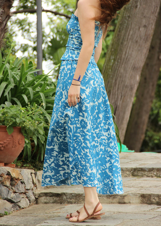 Gonna donna Vulcano Skirt blue in 100% cotone con fantasia floreale azzurra e vita elasticizzata, modello lungo stile boho chic estivo, taglia S/M.
