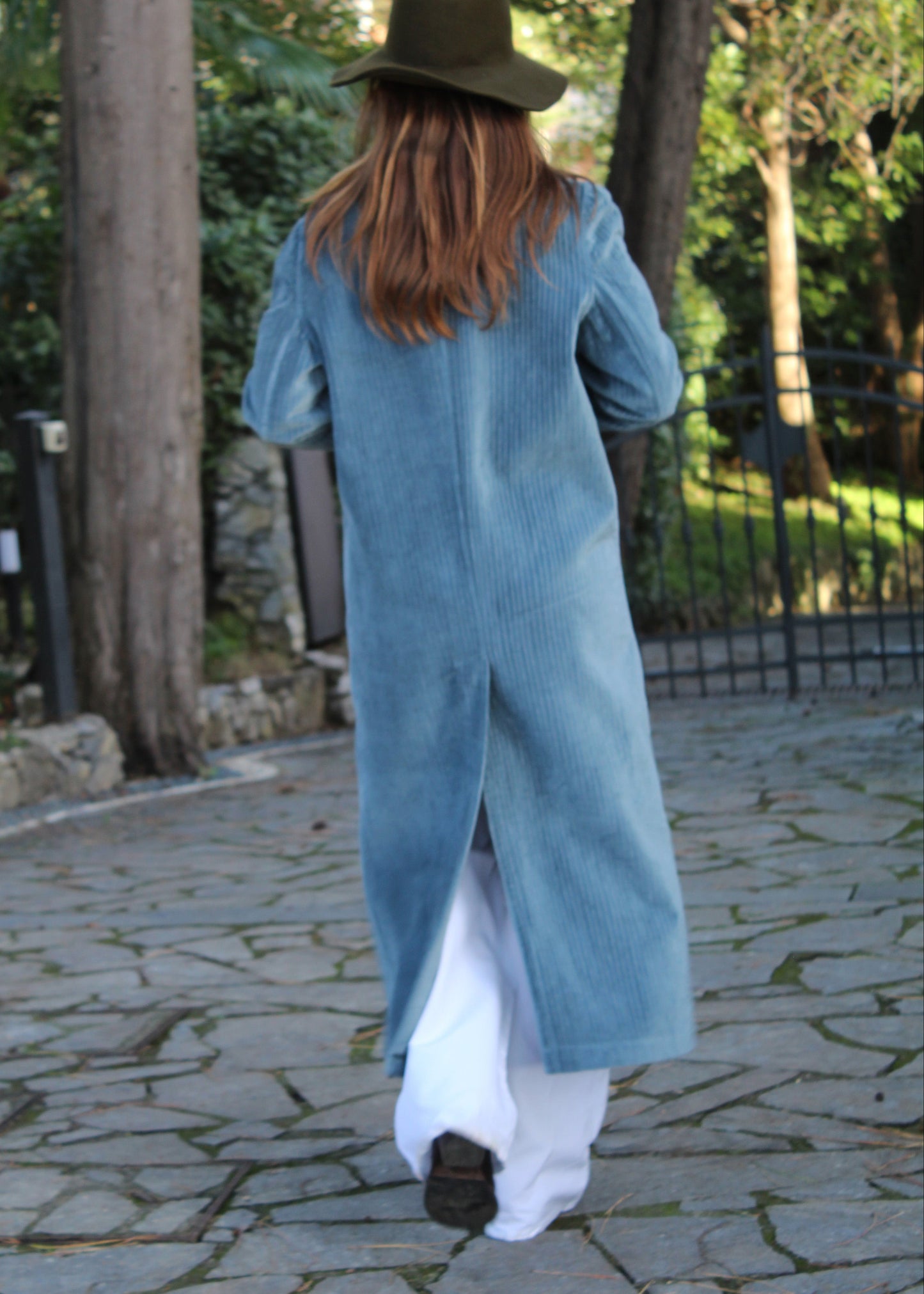 Alamari Coat in Light sky blue/wood Alamari, velvet light blue coat with wood alamari, mandarin collar, and frog buttons. Structured shoulders and polyester lining. Made in India with an elegant and refined design. Dry clean only, iron on low heat, do not bleach.