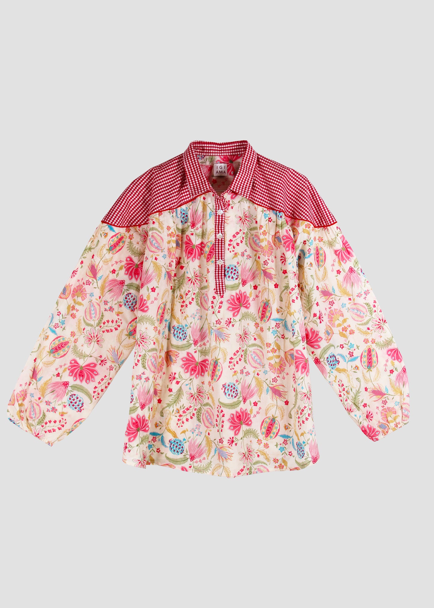 Camicia donna Canyon Shirt floreal/red squares in 100% cotone con vestibilità oversize, doppia trama floreale e fantasia a quadretti rossi, polsini elasticizzati e stile boho chic estivo, taglia unica.