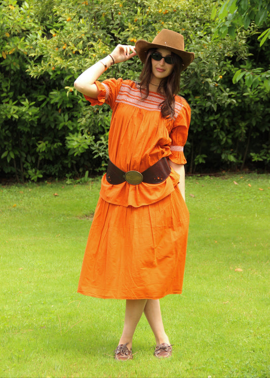 Diana Set arancione in 100% cotone, set donna con gonna e blusa coordinate in stile boho chic elegante ed estivo.