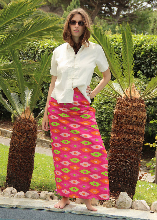 Pareo donna Island Pareo Ikat in 100% cotone con fantasia ikat e chiusura a portafoglio, stile boho chic estivo e versatile, taglia unica.