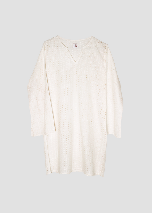 Copricostume estivo da donna in sangallo bianco sporco, IGI AMA, tessuto leggero e traforato, taglia unica, made in India, ideale per il mare, la spiaggia e look vacanza.