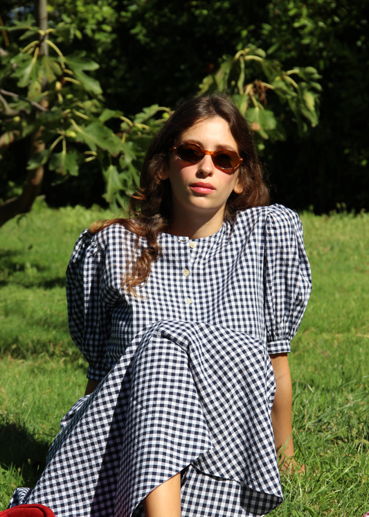 IGI AMA Mountain Stripes Set – Completo con camicia e gonna coordinata in 100% cotone, fantasia a quadri blu. Camicetta con bottoni frontali e maniche corte a sbuffo. Parte della capsule Stripes & Checks, taglia unica. Prodotto in India, lavabile a 30°C e stirabile a bassa temperatura.